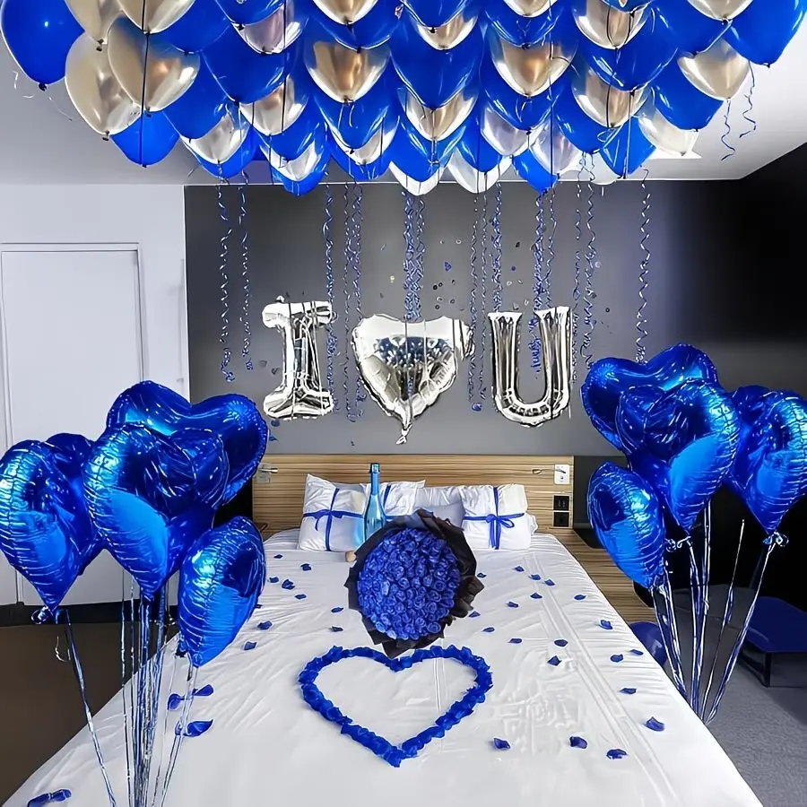 Romantic Anniversary Decoration Set, 18 inch Love Heart Balloon & 1000pcs Blue Rose Petals, Proposal Surprise Room Decor for Valentine's Day Wedding Romantic Bedroom, Happy Anniversary Decorations