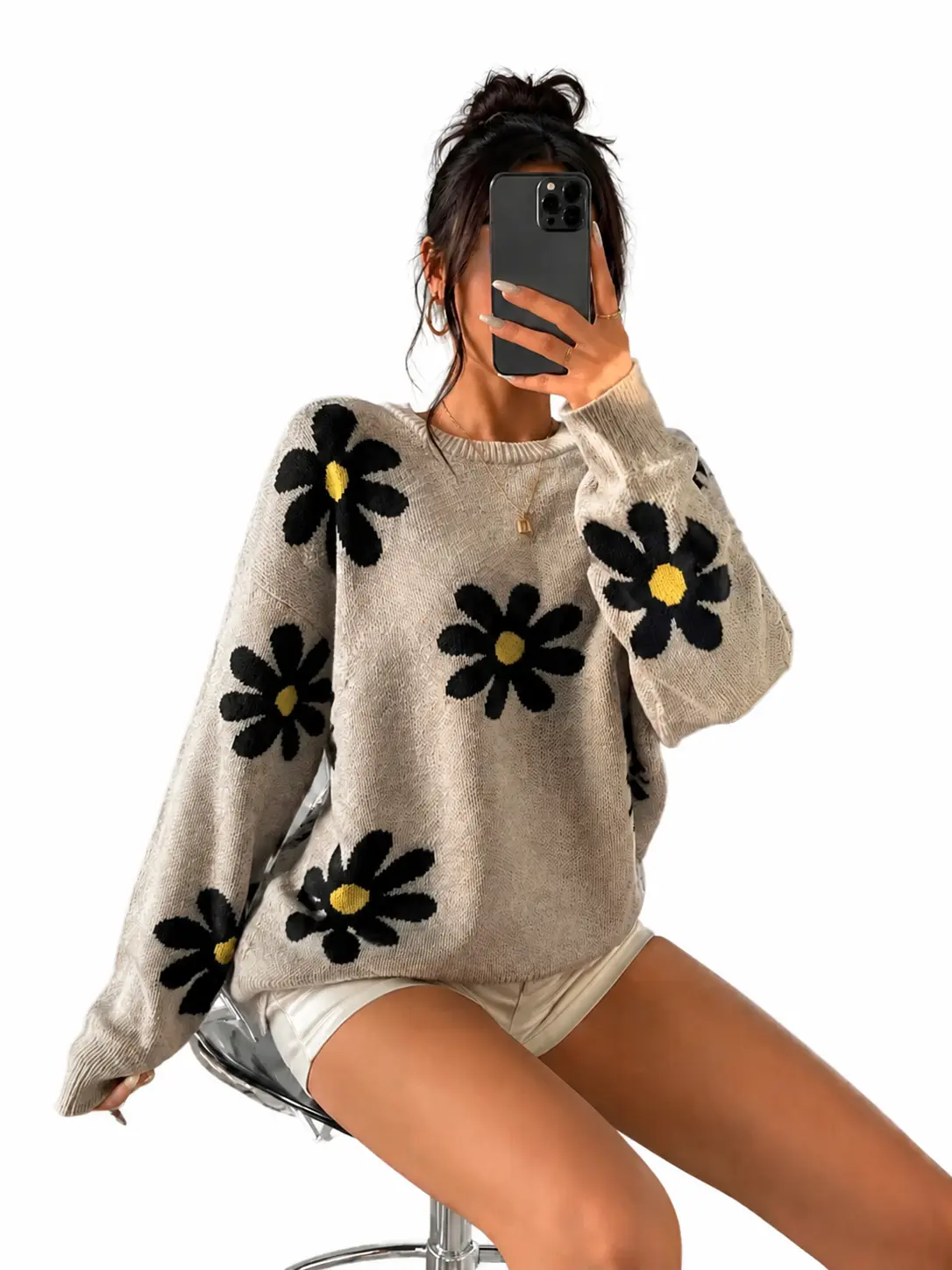 Vintage Y2K Oversized Daisy Floral Graphic Knit Sweater Women's Casual Crewneck Long Sleeve Pullover Chunky Cozy Soft Girl Aesthetic Fall Winter Fashion Trendy Floral Print Knitted Top Cute Indie Cottagecore Streetwear Jumper Drop Shoulder Outwear"