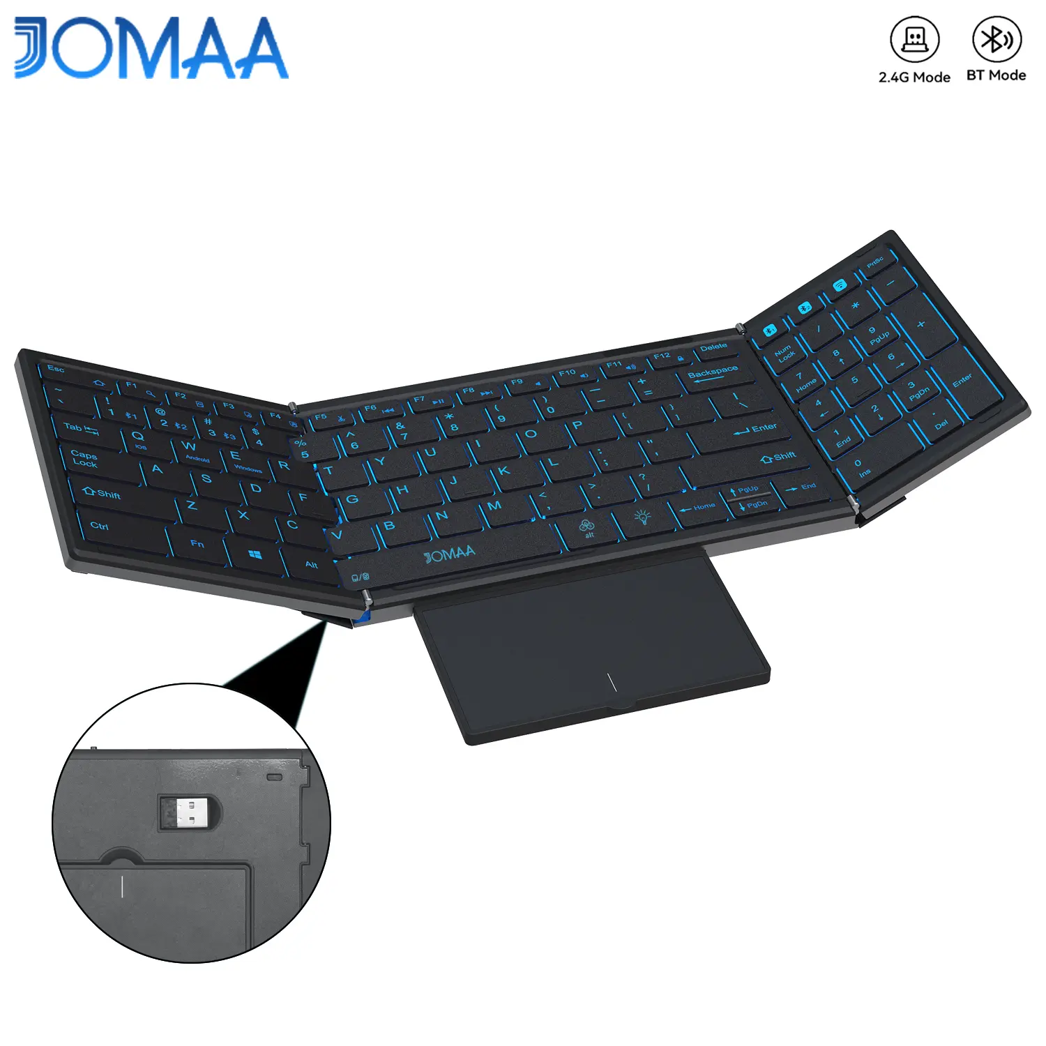 JOMAA Rechargeable USB Bluetooth Backlit Foldable Cordless Keyboard - Standard Size, Touchpad, Numeric Pad, Lighted Keypad for Windows, Mac OS, Travel Use