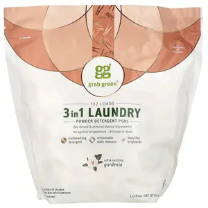 Grab Green 3 in 1 Laundry Powder Detergent Pods, Gardenia, 132 Loads, 74.4 oz (2.1 kg)