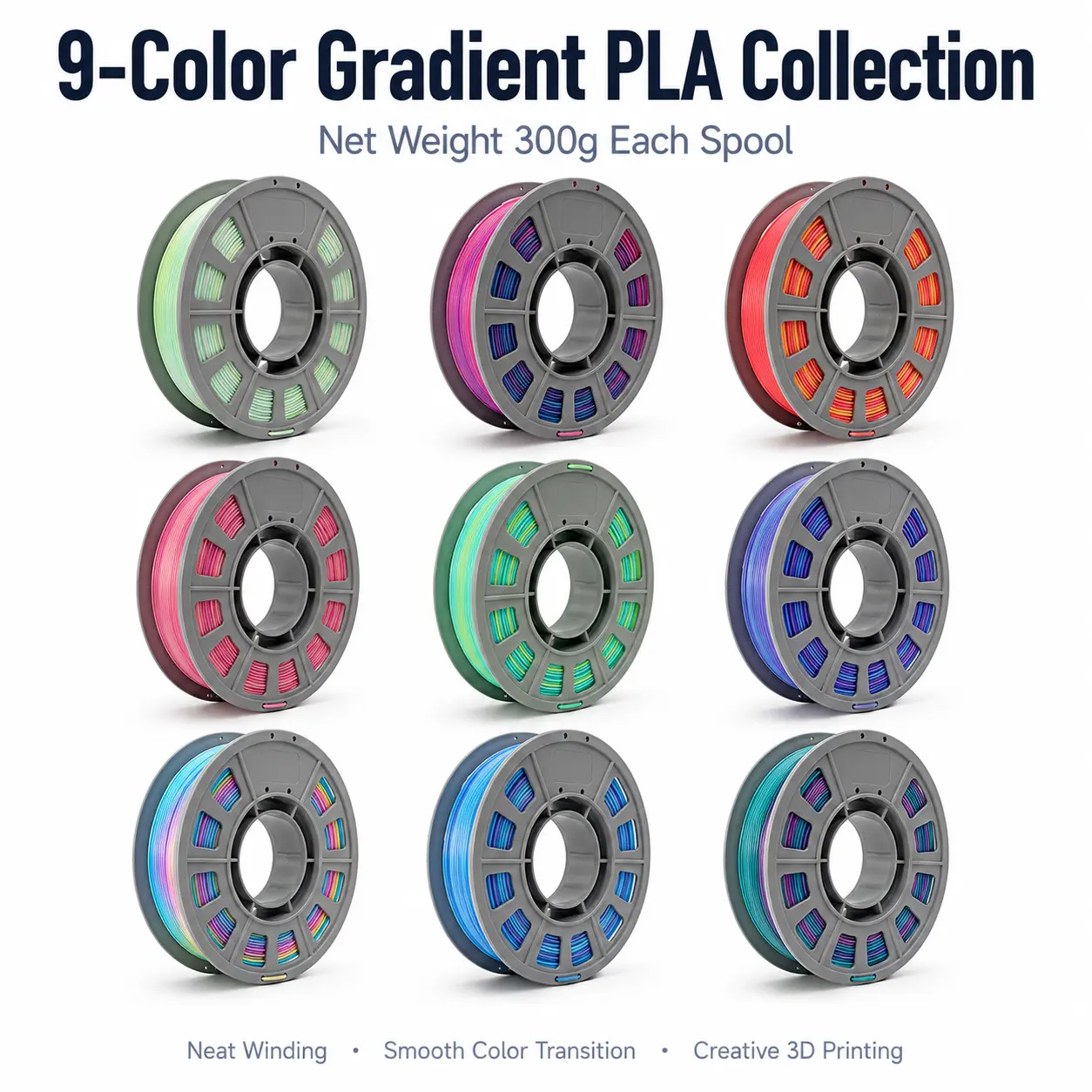 Multi-Color Gradient PLA 3D Printing Filament 1.75mm, net weight 300g Compact Spool, Smooth Color Transition, Easy Printing & Tangle-Free