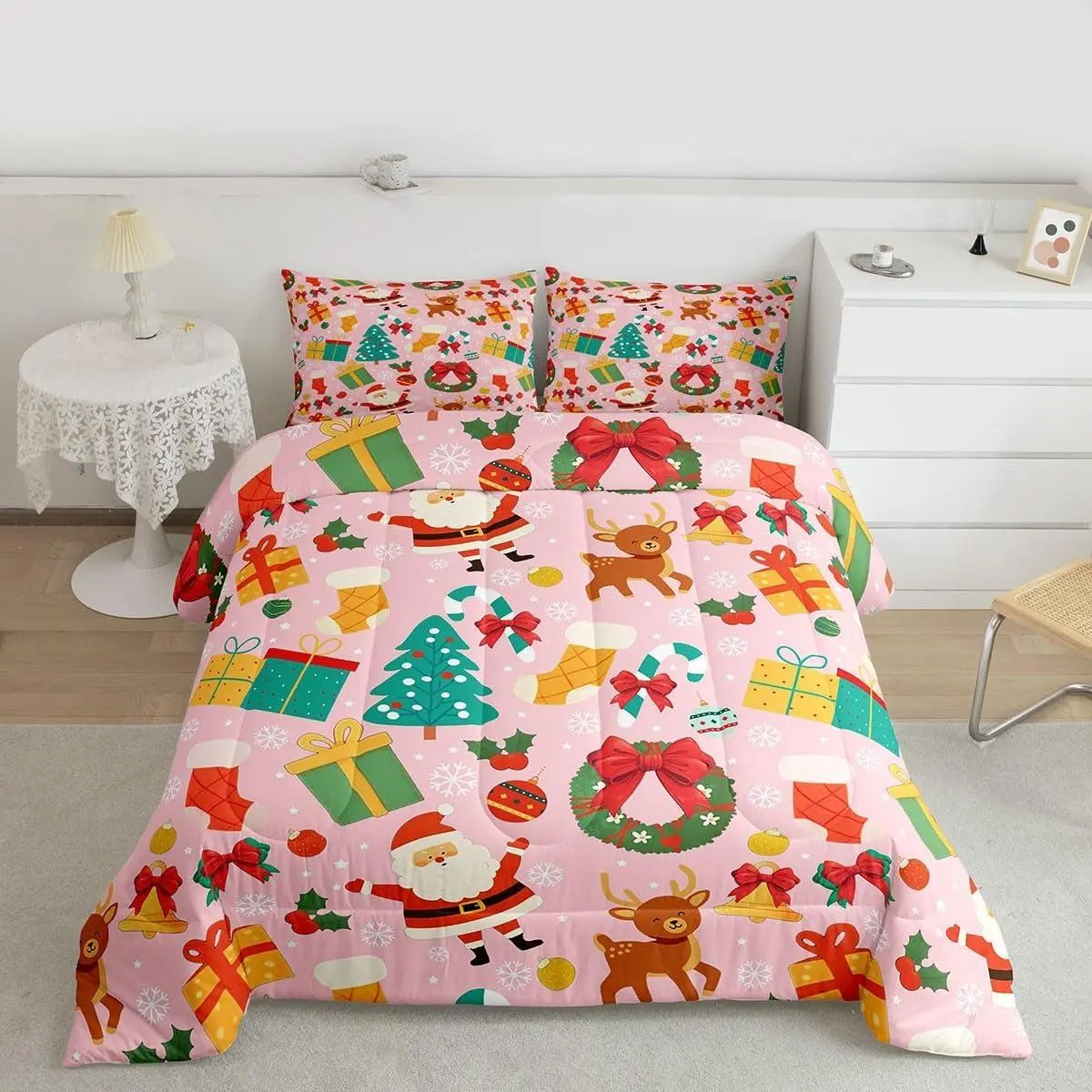 Merry Xmas Comforter Set Cartoon Santa Claus Bedding Set for Kids Boys Girls Christmas Deer Pattern Duvet Quilt Pink Bedroom Decor