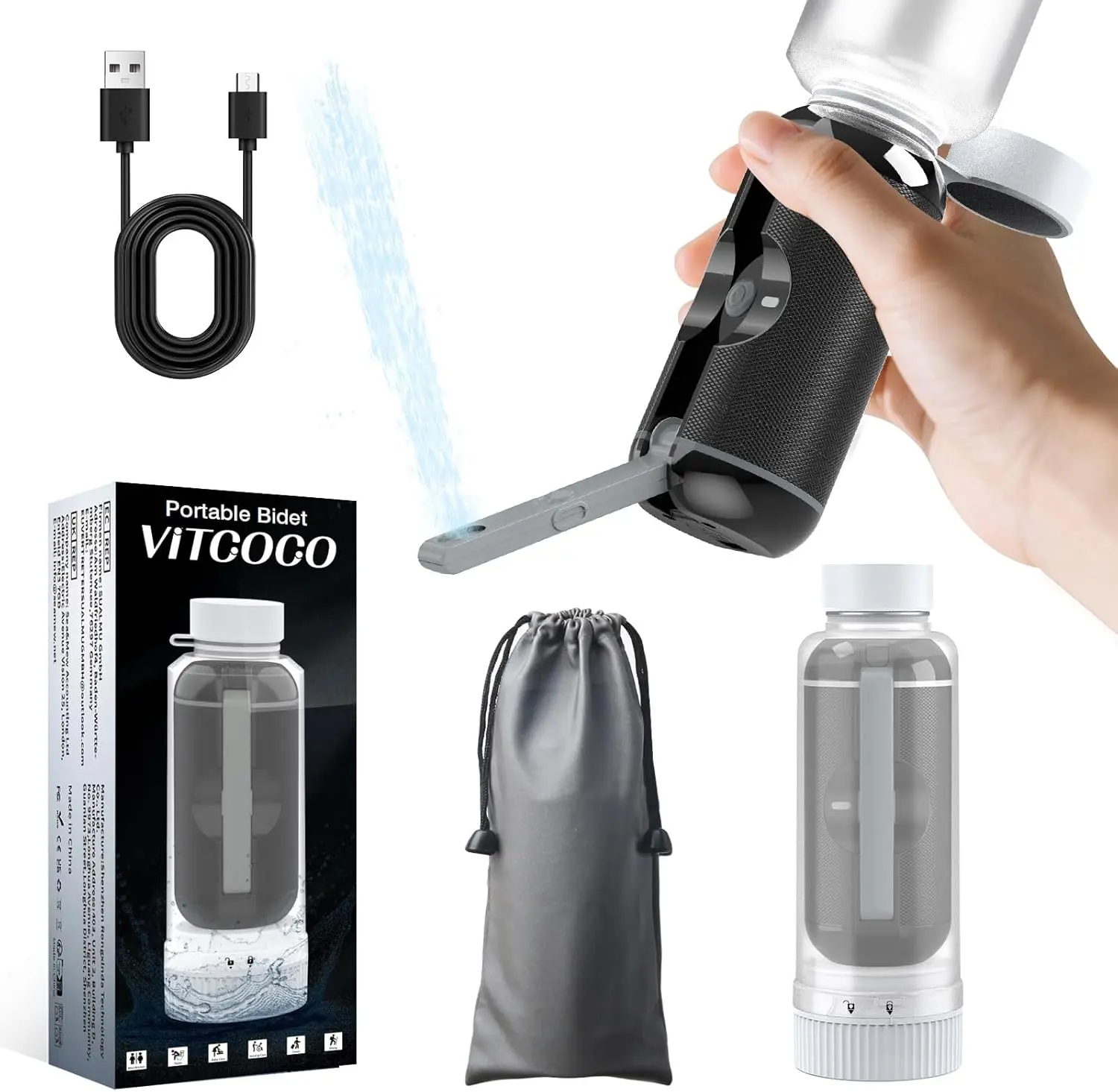 summerwins Portable Electric Handheld Bidet - Mini Rechargeable Silicone/ABS Travel Model with 2 Pressures, 180° Adjustable Nozzle, USB-C Charging, Battery, Deep Cleaning, Storage Bag, Waterproof IPX7, Ideal for Postpartum Users, Camping