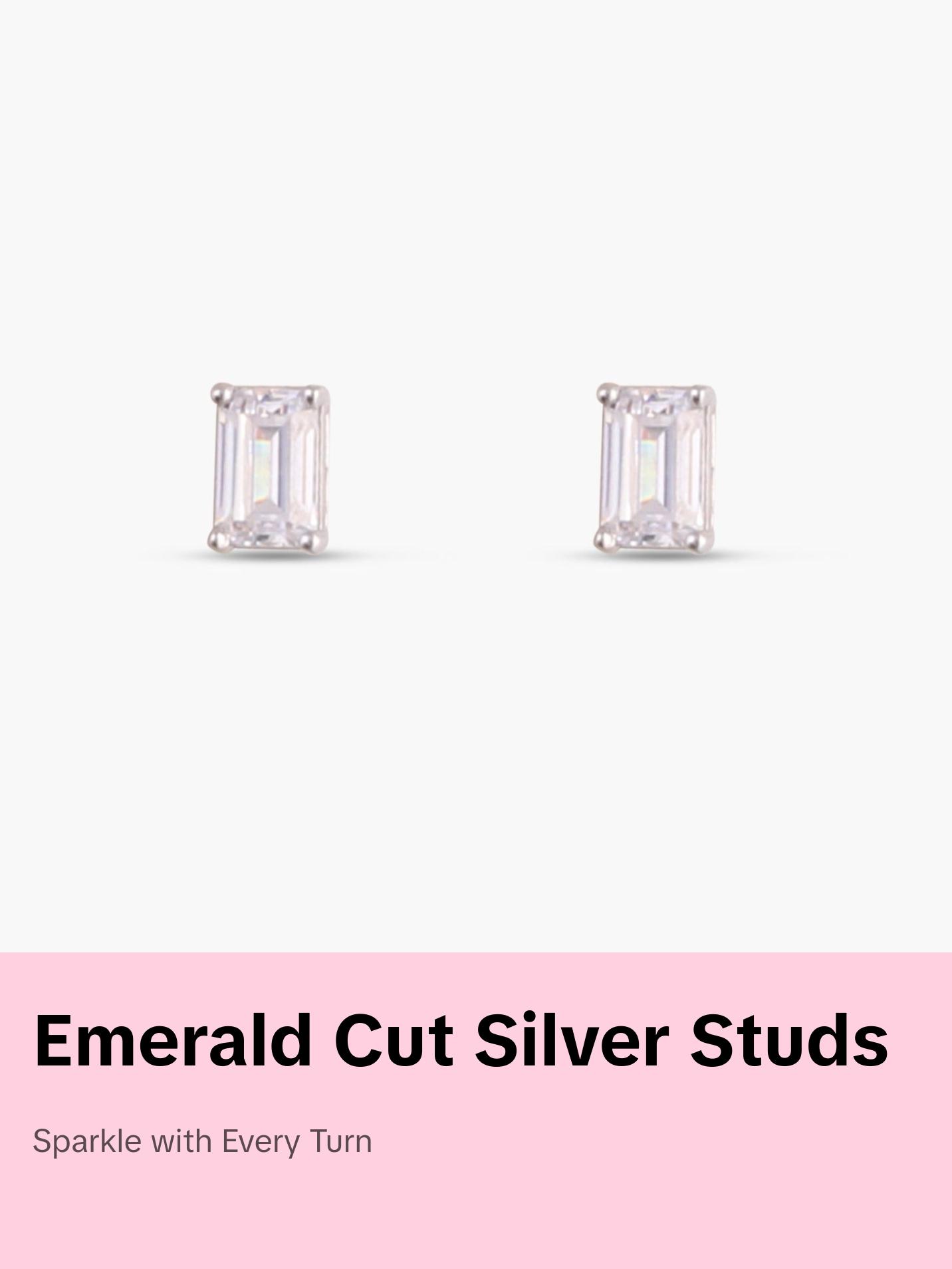 Classic Emerald cut CZ Solitaire Silver Stud Earrings, Mini