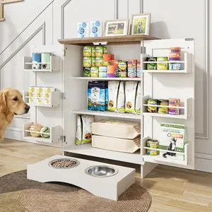 Dog Feeding Station with Feeding Bowls, Pet Food Cabinet with Adjustable Shelf, Dog Feeder Station, Pet Storage Cabinet for Cats and Dogs, Oak and White Grain