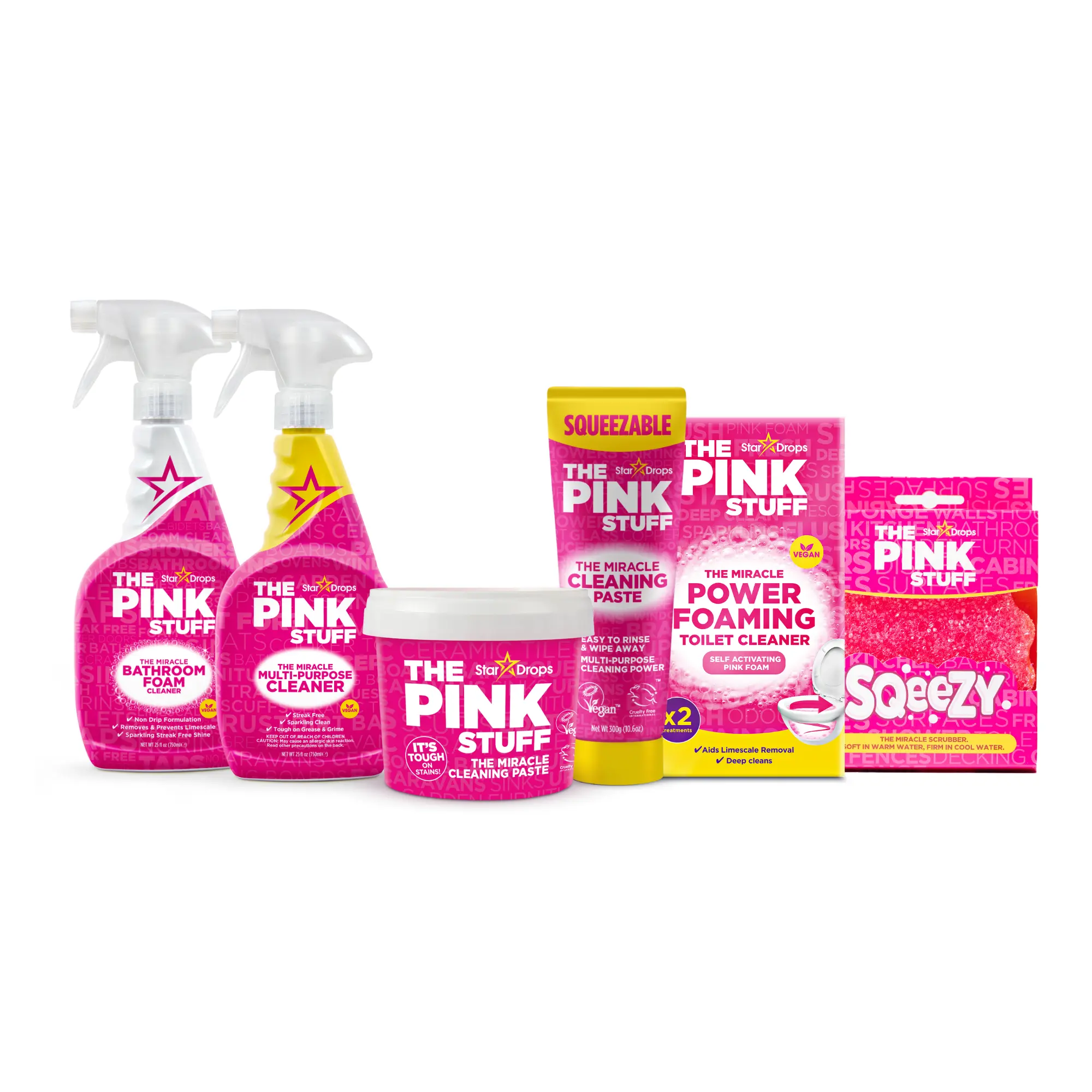 The Pink Stuff Total Home Essential Bundle - Cleaning Paste 500g, Squeezable Cleaning Paste 300g, Multi Purpose Spray 750ml, Bathroom Foam Spray 750ml, Foaming Toilet Powder 2 Pack, SQeeZY Sponge for Full Home Coverage