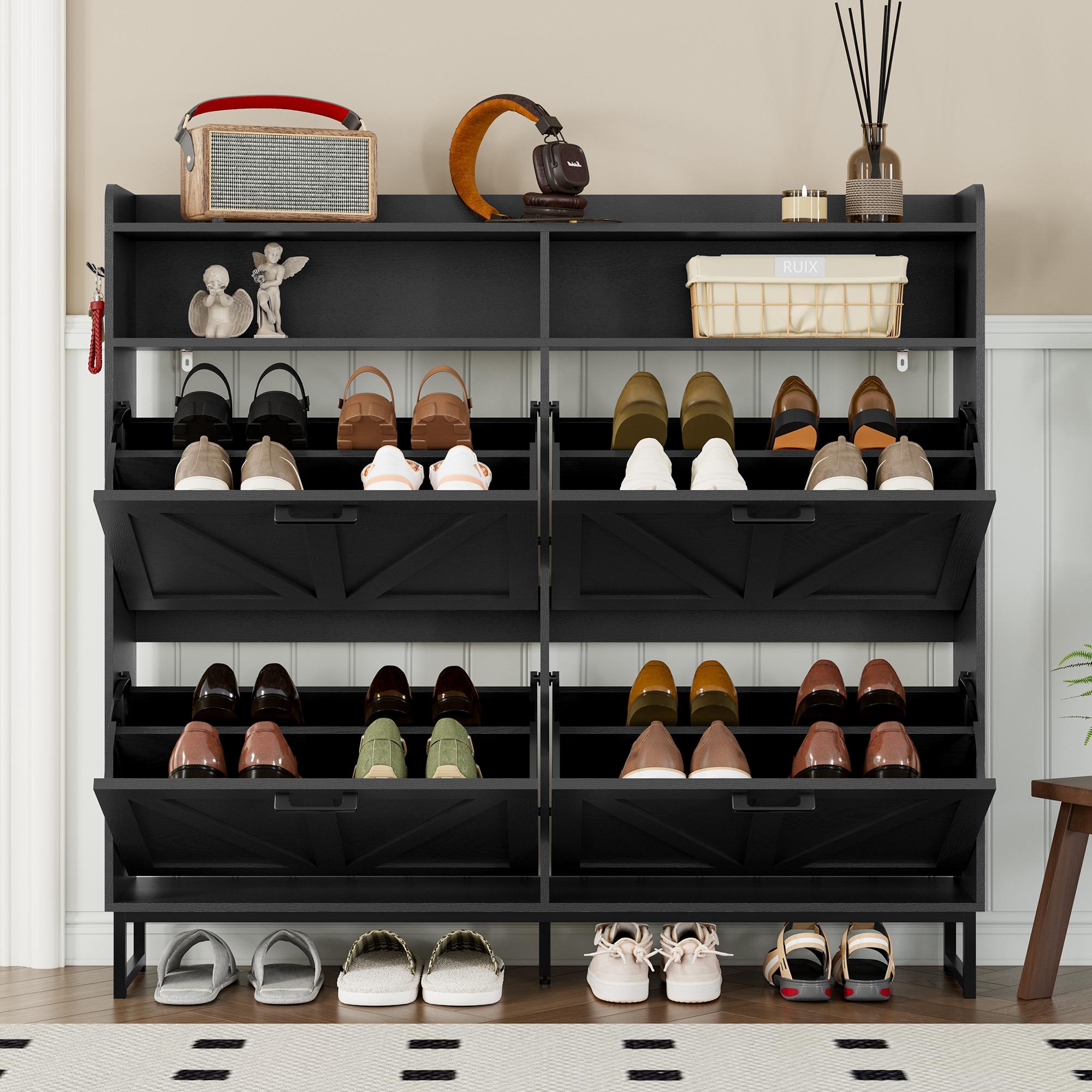 Shoe Cabinet with 4 Flip Drawers, Freestanding Hidden Shoe Storage Organizer for Entryway, Narrow Slim Shoe Rack Cabinet with Open Storage & Hooks for Front Door Entrance, Living Room, Hallway, Black