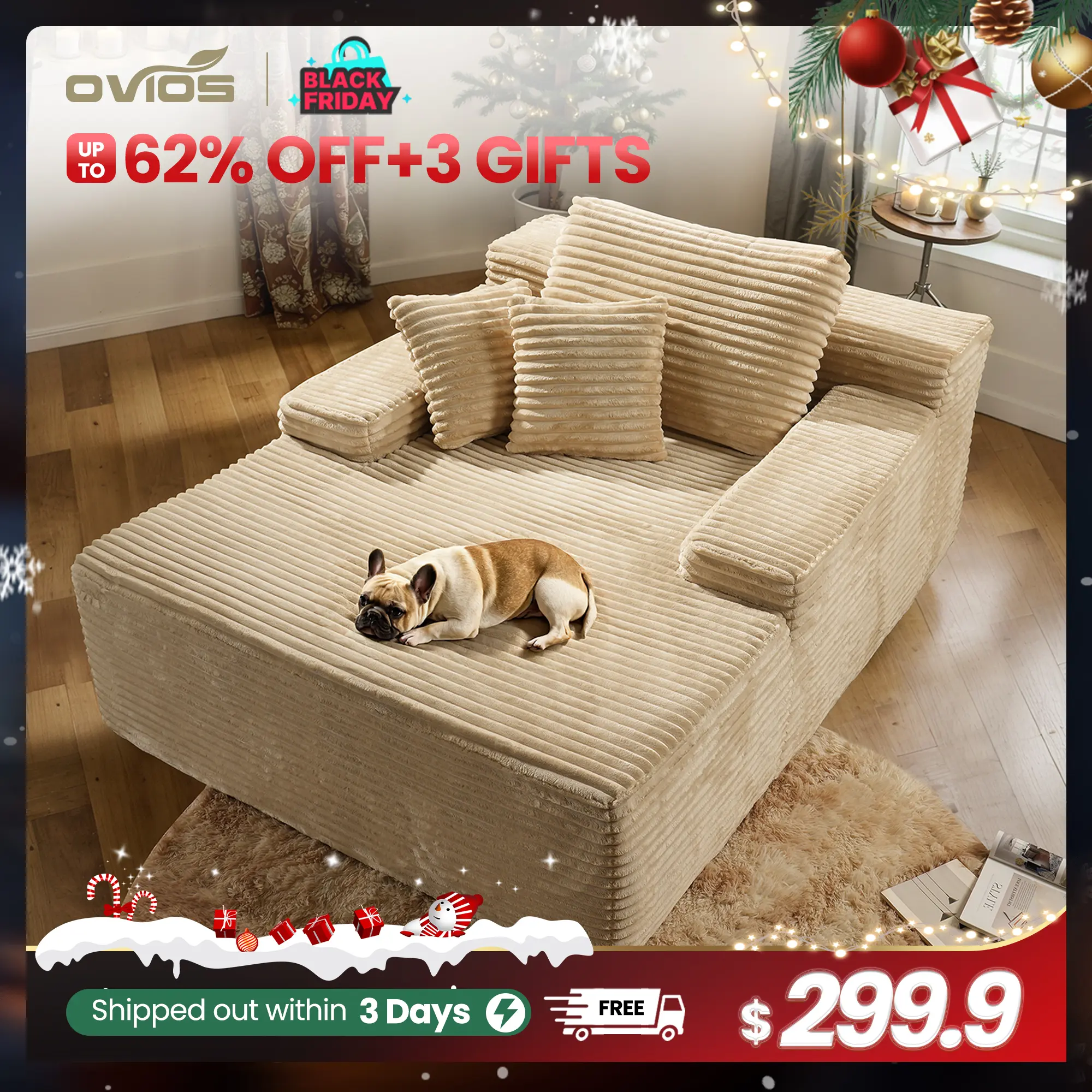 【Summerfinds】Ovios 49" Oversized Boneless Chaise Lounge, Plush Corduroy Sofa Bed Chair with Deep Seat & Throw Pillows, Convertible Sleeper Chair for Living Room, Apartment & Bedroom, No Assembly Required