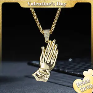 Holylegend 14K Real Gold-Plated Praying Hands Pendant Necklace for Men, 3D Carved Pendant with CZ Iced Bail, Gift-Ready Religious Jewelry