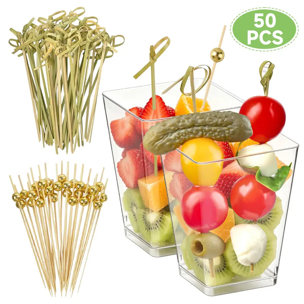 50 Sets 5 oz Plastic Charcuterie Cups with 100 Sticks, Square Appetizer Cups with Cocktail Picks Mini Party Serving Cups for Fruit, Snack, Dessert