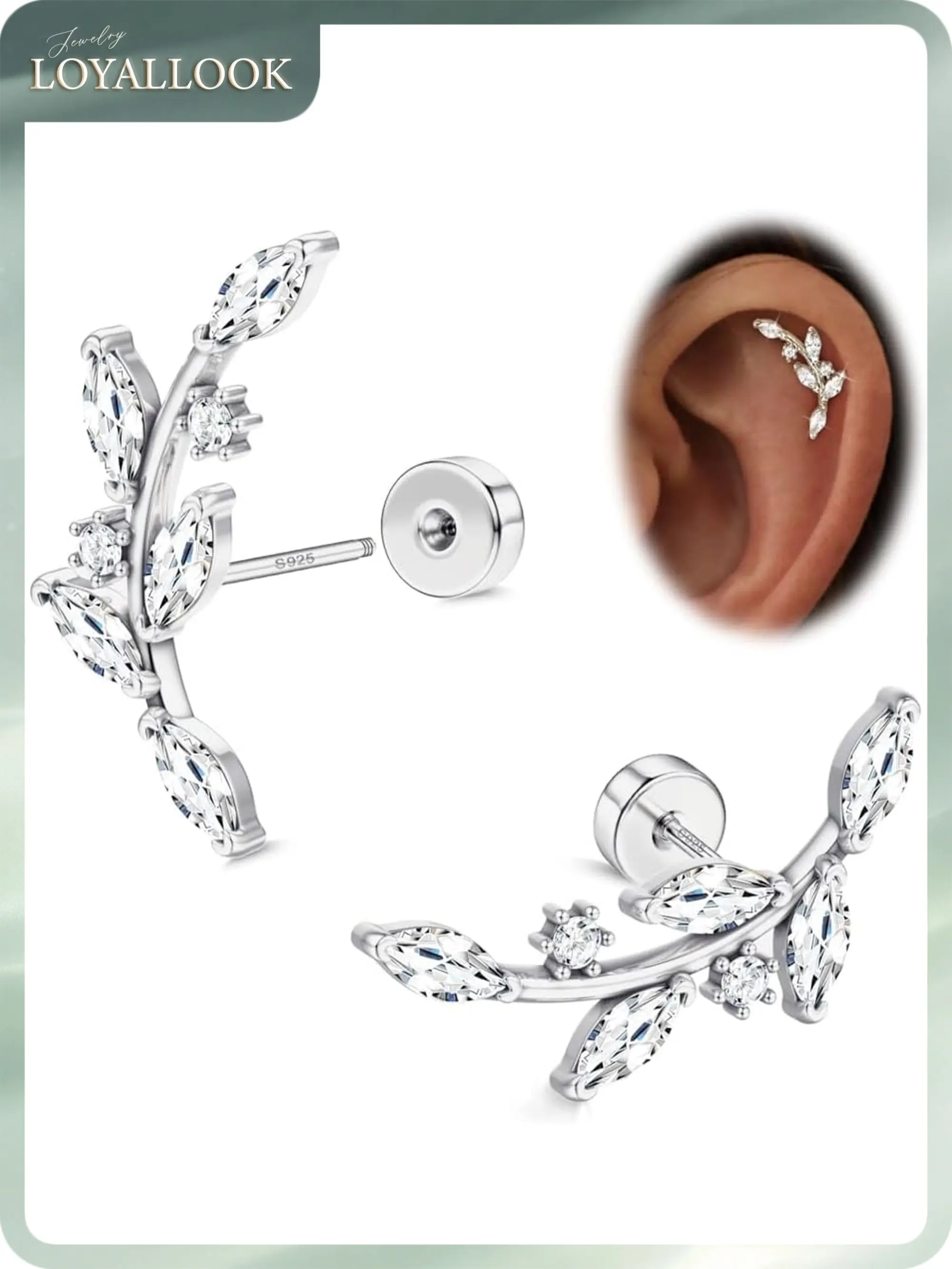 LOYALLOOK 925 Sterling Silver Flat Back Stud Earrings for Women Hypoallergenic | 14K Gold Plated Cartilage Earrings for Sensitive Ears | Leaf Flower CZ Helix Tragus Piercing Jewelry for Mother's Day