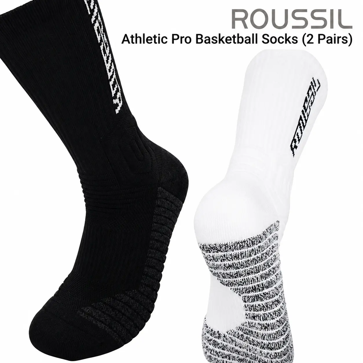 ROUSSIL 2 Pairs Basketball Crew Socks for Men Women Cushioned Moisture Wicking Athletic Socks with Ankle and Arch Support for Basketball Workout