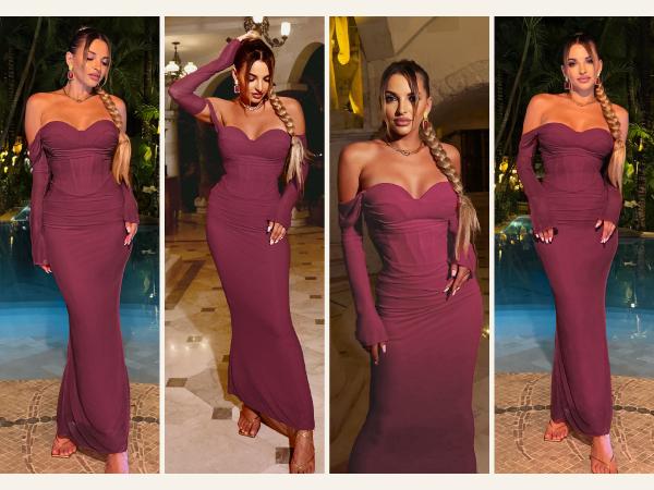 CurvySweet SDK0561A Elegant Off-Shoulder Mermaid Evening Dress For Women, Long Sleeve Pleated Waist Sweetheart Neck Formal Gown For Christmas, New Year, Wedding Guests, Bridesmaids, Homecoming & Evening Parties