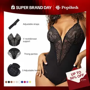 Popilush Fit Shapewear Bodysuit  Deep-V Neck Lace Bodysuits Basic Womenswear Tops Or Leather Skirts Underwear Sleeveless Long Sleeve Bodysuit Buckle Breathable Smooth