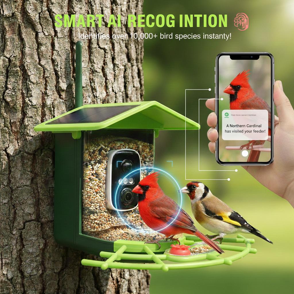 Solar Camera Smart Bird Feeder– utilizes AI recognition for automatic recording, includes a 32GB memory card, supports 2K HD live video, sends instant alerts to your phone, and features smart alarms to deter squirrels and hawks.