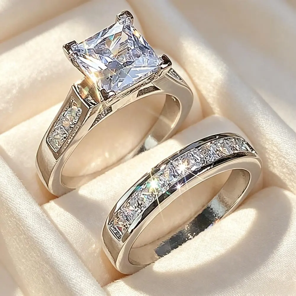 Princess Cut  Engagement Ring Set, Promise Ring for GF, 2-Piece Wedding Ring Sets & Rings Set, Alternative To Oval Engagement Ring & Radiant Cut Ring Engagement