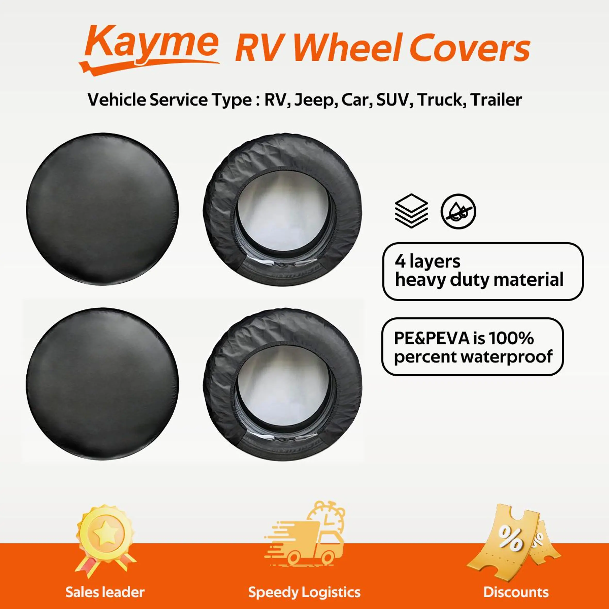 Kayme 4-Pack RV Trailer Tire Covers Wheel Cover Kits, Waterproof Auto Wheel Protectors for Travel Trailer, Camper, SUV, Motorhome, Sun/Rain/Snow Protection, Great Father's Day Gift