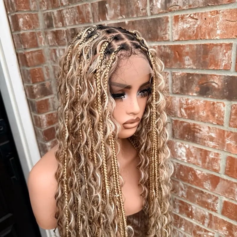 Full lace 30 inches box boho braids with premium synthetic fiber synthetic curls and  fiber full  lace Knotless braids made with (human hair baby hair) Medium: Cap size :21.5 – 22.5”