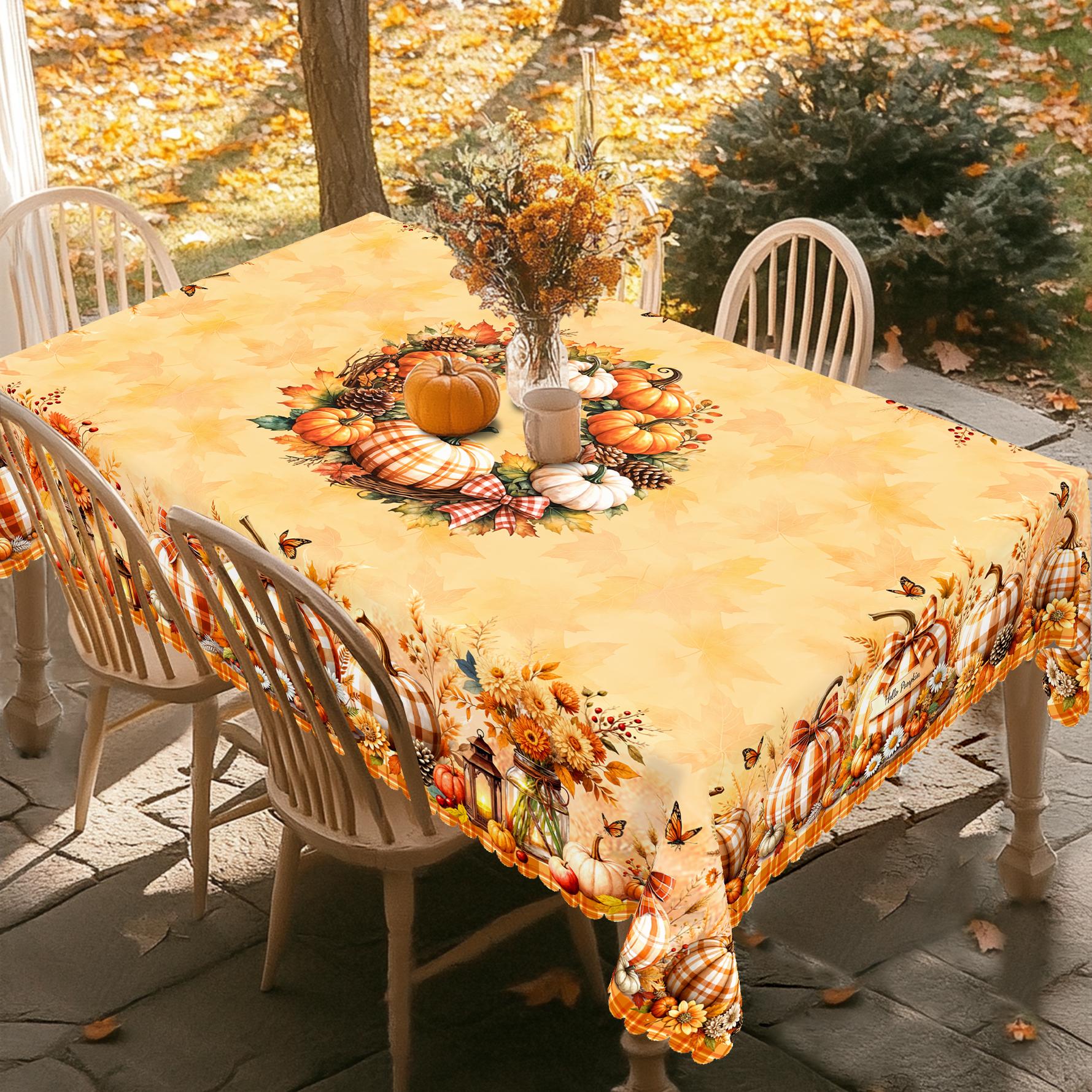 PLUMLIK Vibrant Fall Tablecloth with Buffalo Plaid Pumpkin Sunflower Patterns, Autumn Yellow Rectangular Round Table Cover Suitable for Thanksgiving Day Holiday Party, Indoor Outdoor Decor, Farmhouse Harvest Table Decoration, Home Kitchen Festive Decor