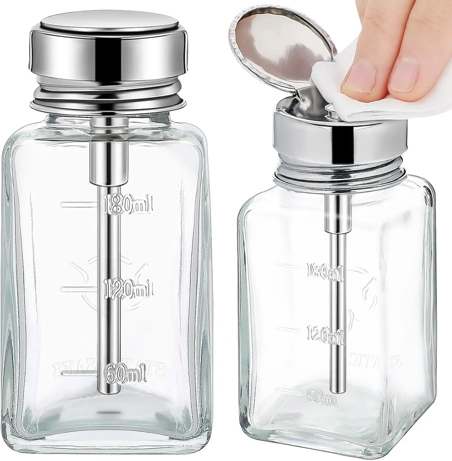 2PCS 6Oz / 180ml Clear Pump Dispenser Bottle with Flip Top Cap | Square Glass Push Down Liquid Dispenser, Nail Polish Remover Hand Pumping Press Container Refillable Push Down Pump Dispenser
