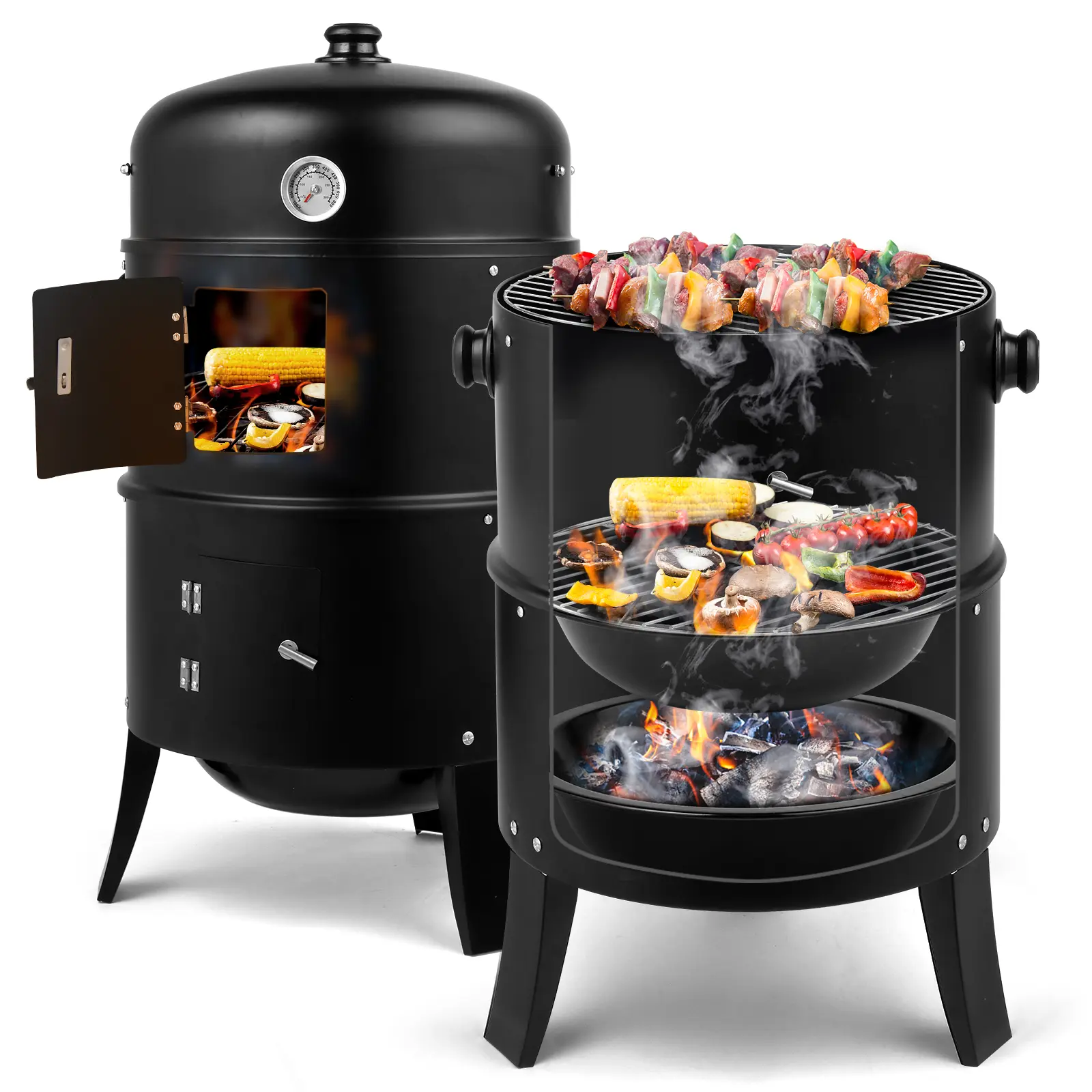 3-in-1 Vertical Steel Charcoal Smoker & Tabletop BBQ Grill - 5.5kg Iron Portable, Built-in Thermometer, 2 Access Doors, Air Vent, for Cooking BBQ Camping, Outdoor Barbeque, Unisex Use