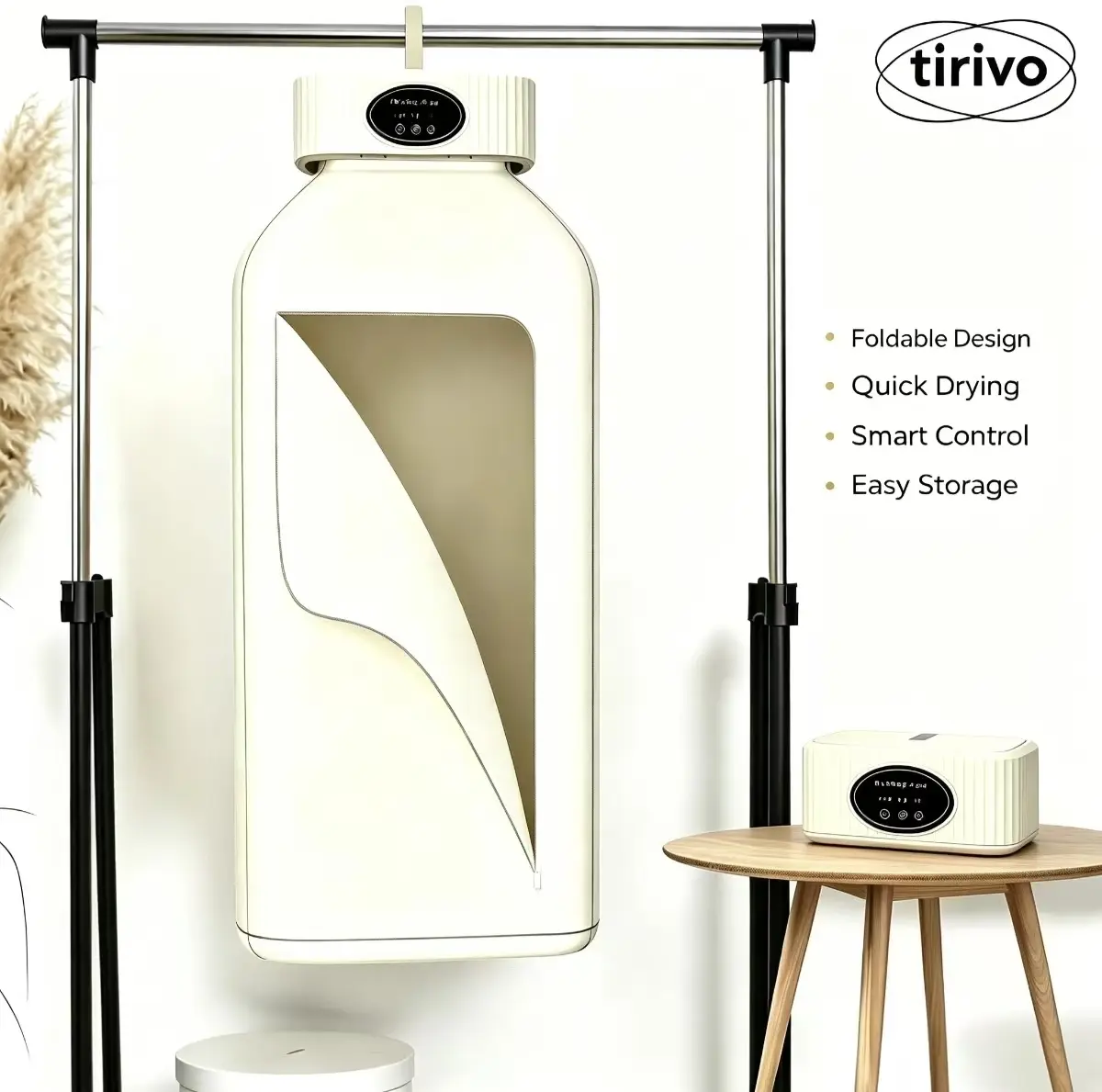 TIRIVO Portable Mini Foldable Electric Clothes & Shoe Dryer - 600W Power, 8-hour Timer, 45-decibel Silent Mode, Antibacterial, Energy-saving, Adjustable, Metal Hanger, Small Footprint - Suitable for Travel, Apartment Use, Students/Dorms 1-8h