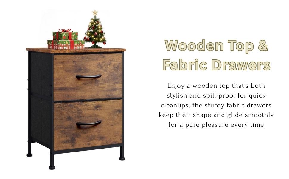 2-Drawer Nightstand with Fabric Storage, Rustic Brown Bedside Table for Small Spaces, Compact Night Stand for Bedroom, Dorm, Apartment - Easy Assembly (15.7" W x 11.8" D x 20.9" H)