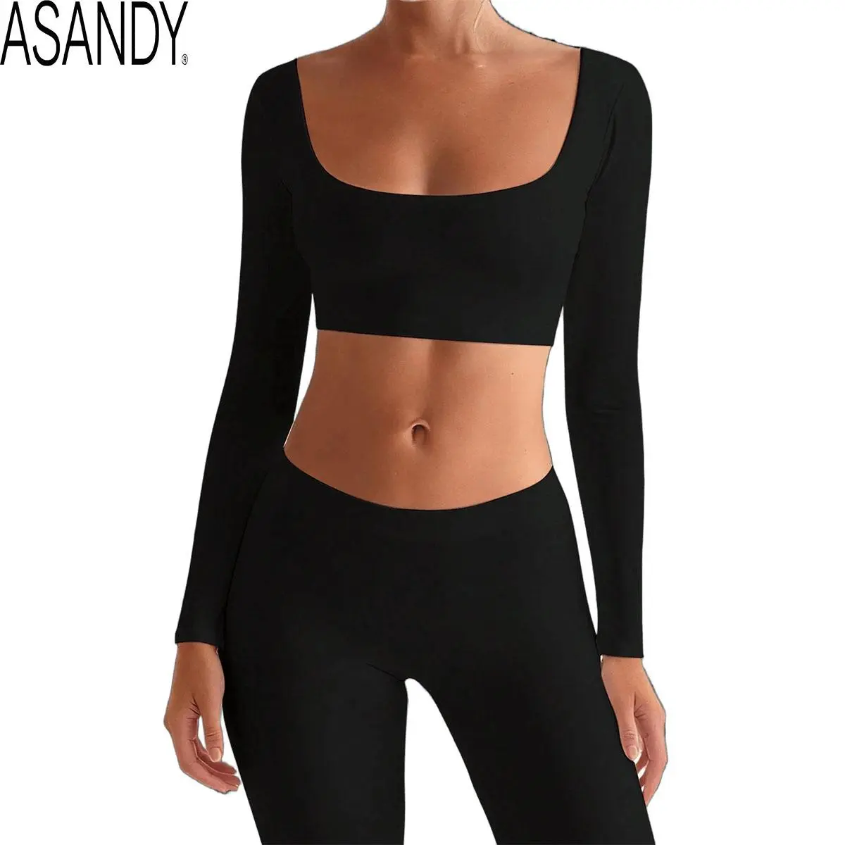 Women's Fitted Yoga Crop Top with Built-in Bra - Square Neck Long Sleeve Quick Dry Athletic Female Sporty Chic Compression Activewear, Wine Red, S/M/L, for Gym Workouts, Tops For Women, Crop Tops