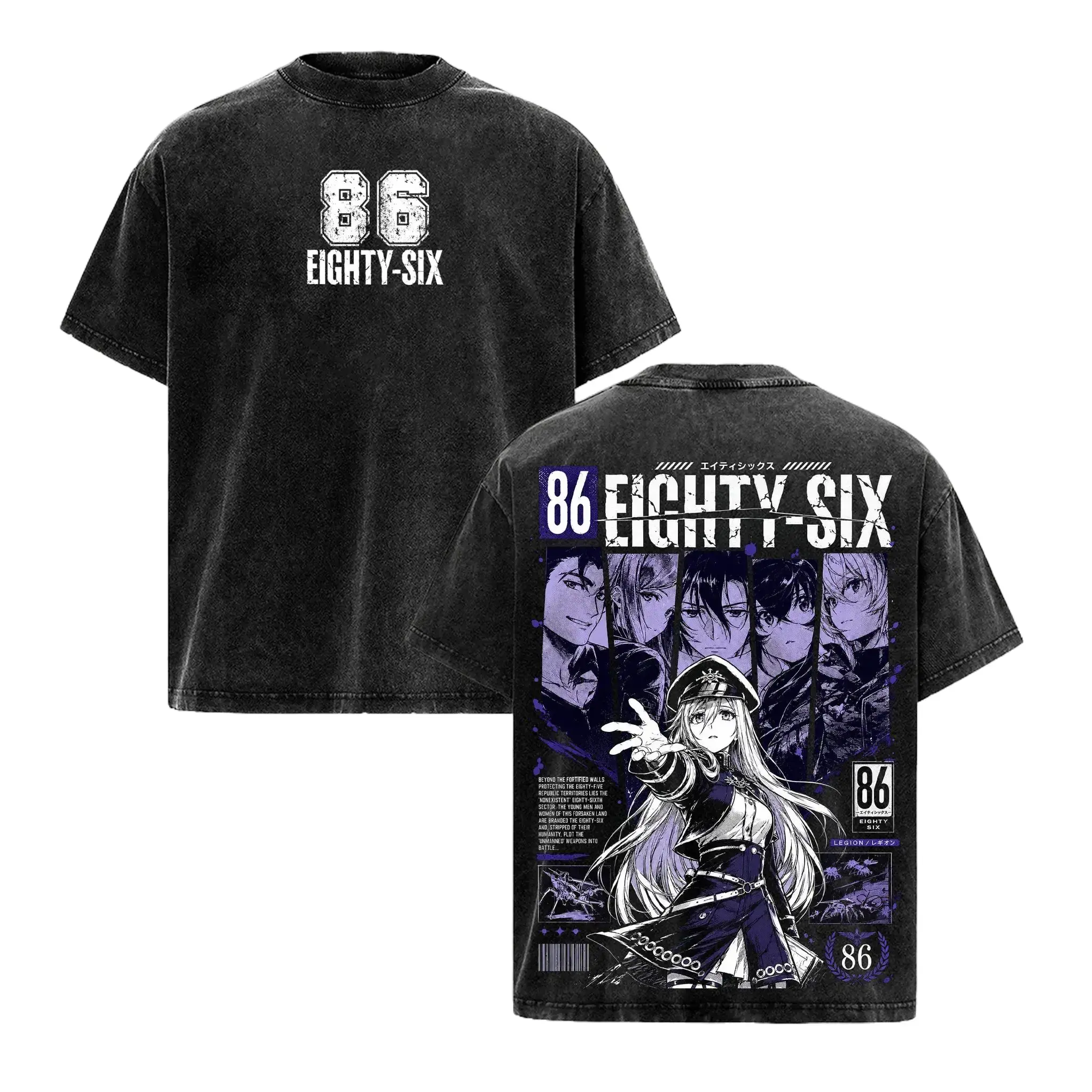 86 Eighty Six Lena Anime Double Printed Vintage Washed Tee Unisex Oversize Anime Manga Washed Heavyweight Cotton T-Shirt Mens Womens Unisex