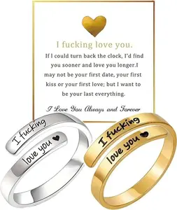 {FLASH SALE}I Fvcking Love You Ring for Women, Open Adjustable Stainless Steel Engraved Heart Spiral Wrap Twist Vintage Promise Rings Inspirational Jewelry for Wife Girlfriend