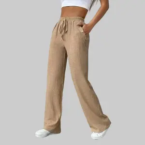 Khaki Women's Basic Solid Drawstring Waist Straight Leg Trousers Casual Textured Pocket Trousers for Daily Wear