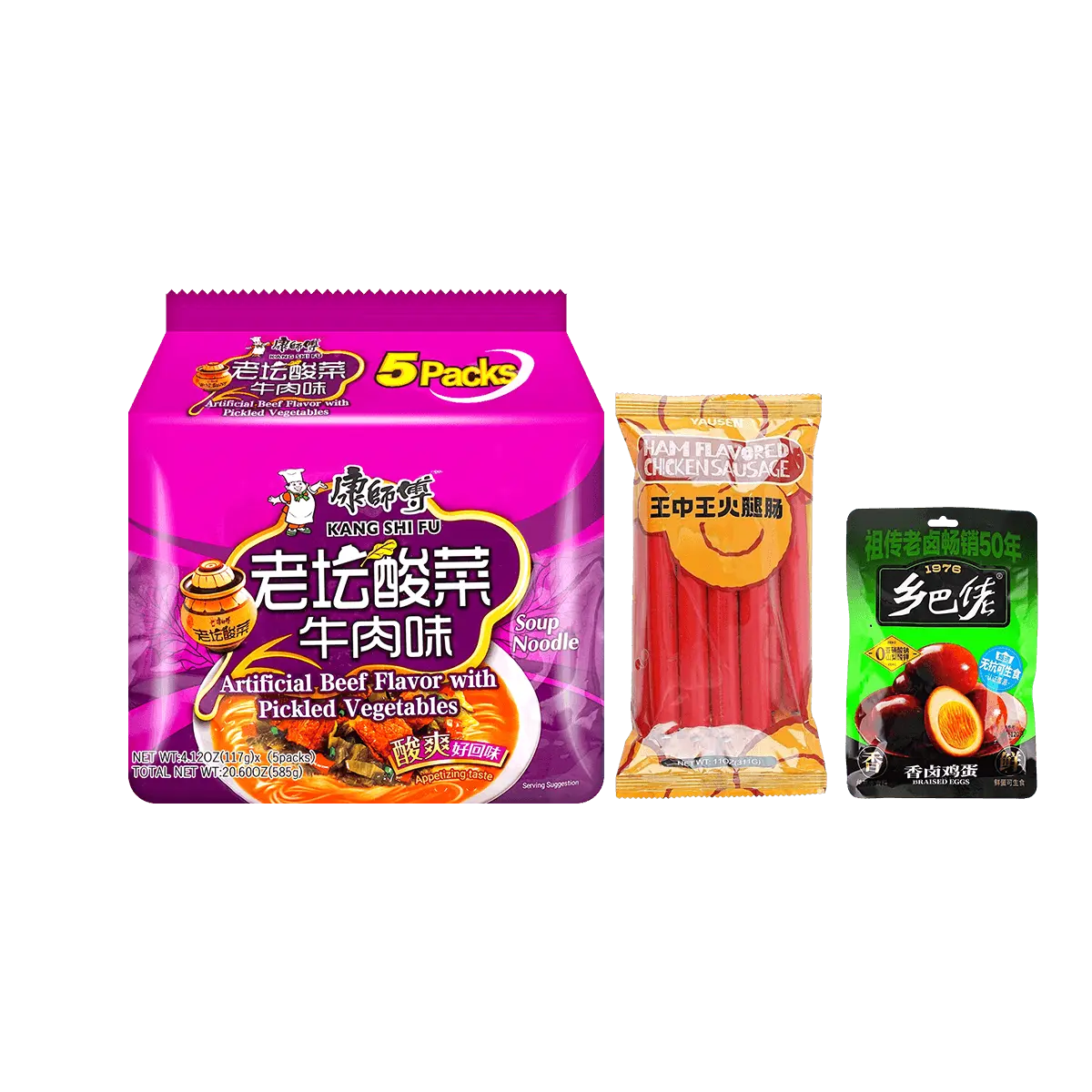Master Kong Instant Noodles "Late Night Snack Combo" - Pickled Cabbage Beef Flavor with Braised Egg & Chicken Sausage
