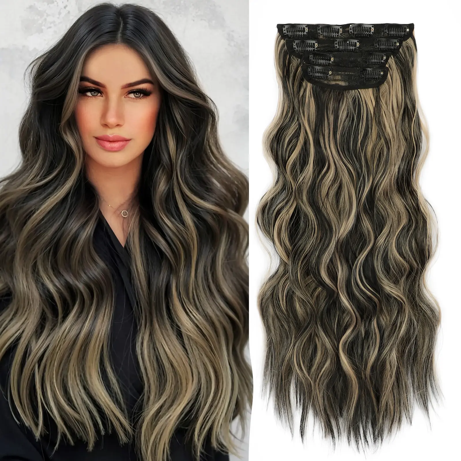 [Iridescent] Clip in Hair Extensions 4 PCS Synthetic Hair Extensions Fiber Double Weft Hair for Women Soft Natural
