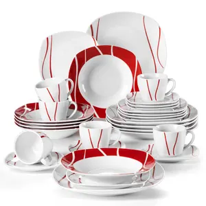 MALACASA Fiesta Dinnerware Sets, 18/24/30-Piece Porcelain Square Dishes, Modern Dish Set for 6 - Plates and Bowls Sets, Cups and Saucers Set,Red - Series FELISA