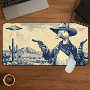 Silly Goose Cowboy Desk Mat, Vintage Sci-Fi Western Mouse Pad, Alien UFO Extended Computer Mat, Duck Keyboard Mat, Funny Desk Pad