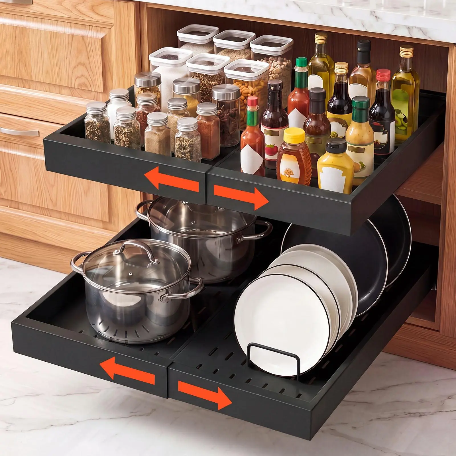 VEVOR Pull Out Cabinet Organizer, 2 Pack Expandable Width (12.2"-18.9"), 20.47" Deep Pull Out Drawers for Cabinets, Sliding Drawer for Kitchen Pantry Cabinet Organizer with Nano Adhesive Strips, Black