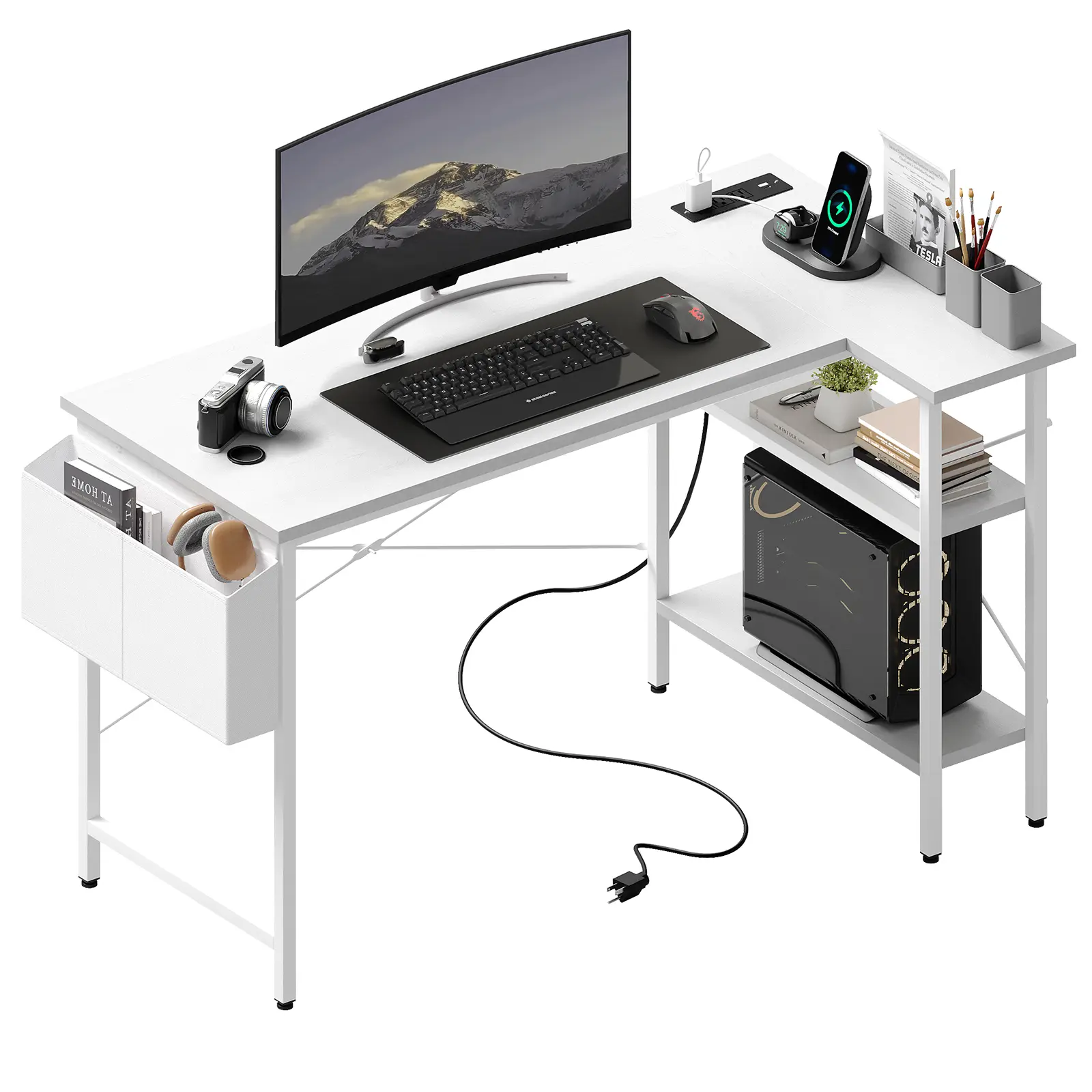 39 Inch Gaming Computer Desk with Power Outlet, Reversible Storage Shelves for Home Office Gamer Desk Functional Table, Gaming Stuff, Desks For Gaming