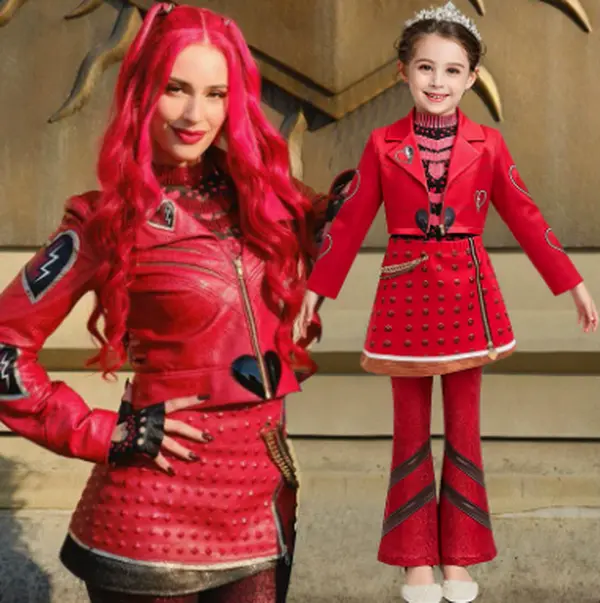 Girls Red Fantasy Performance Costume Set, Royal Stage Outfit with Jacket & Skirt, Kids Dress Up Clothing for Halloween, Birthday Party, Dance Show & Special Events