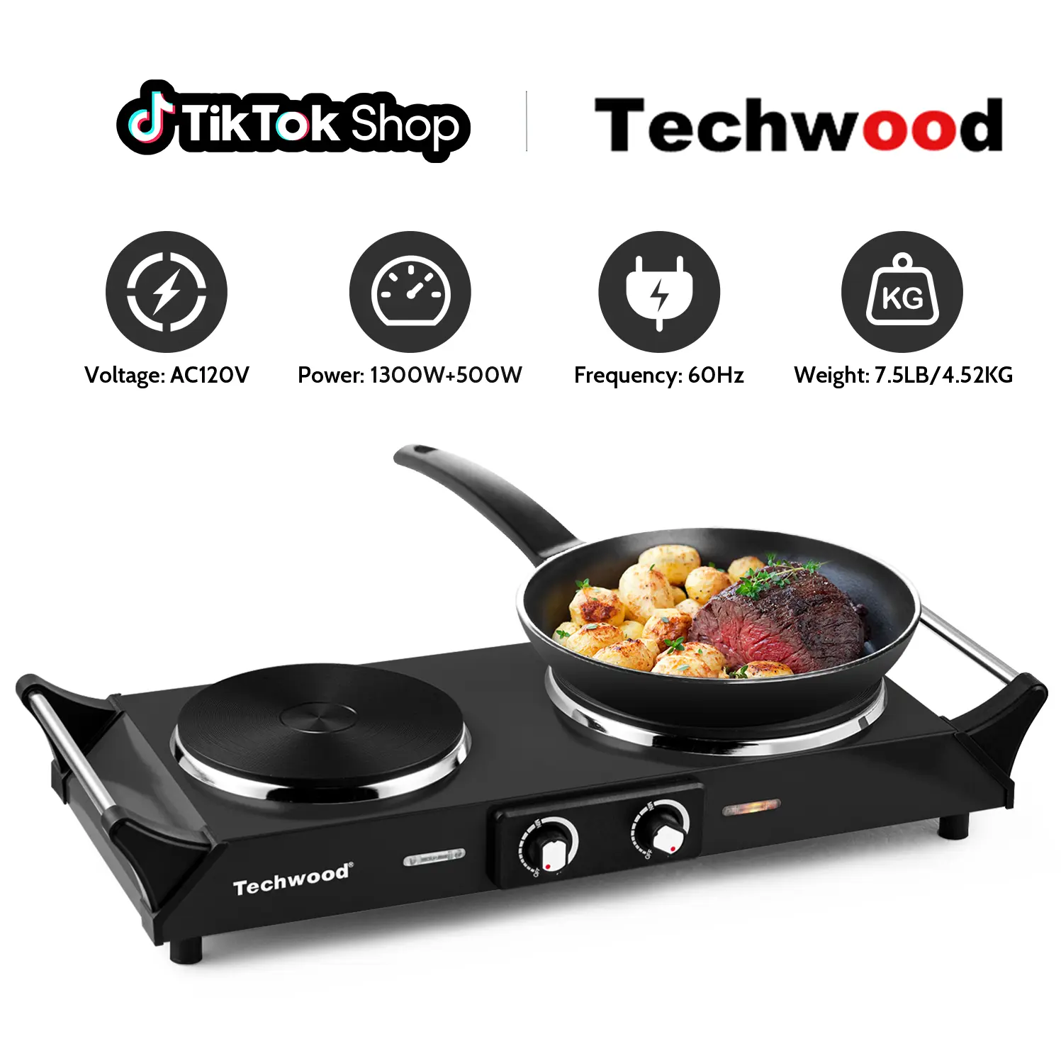 Techwood 1800W Precision Cooking Induction Hobs - Portable Electric Double Burner Hot Plate, Compact Flat Black Stainless Steel Countertop Range, Knob, Stay-Cool Handle, Adjustable Temp, All-Cookware Compatible, US Plug,tiktokshopbacktoschool