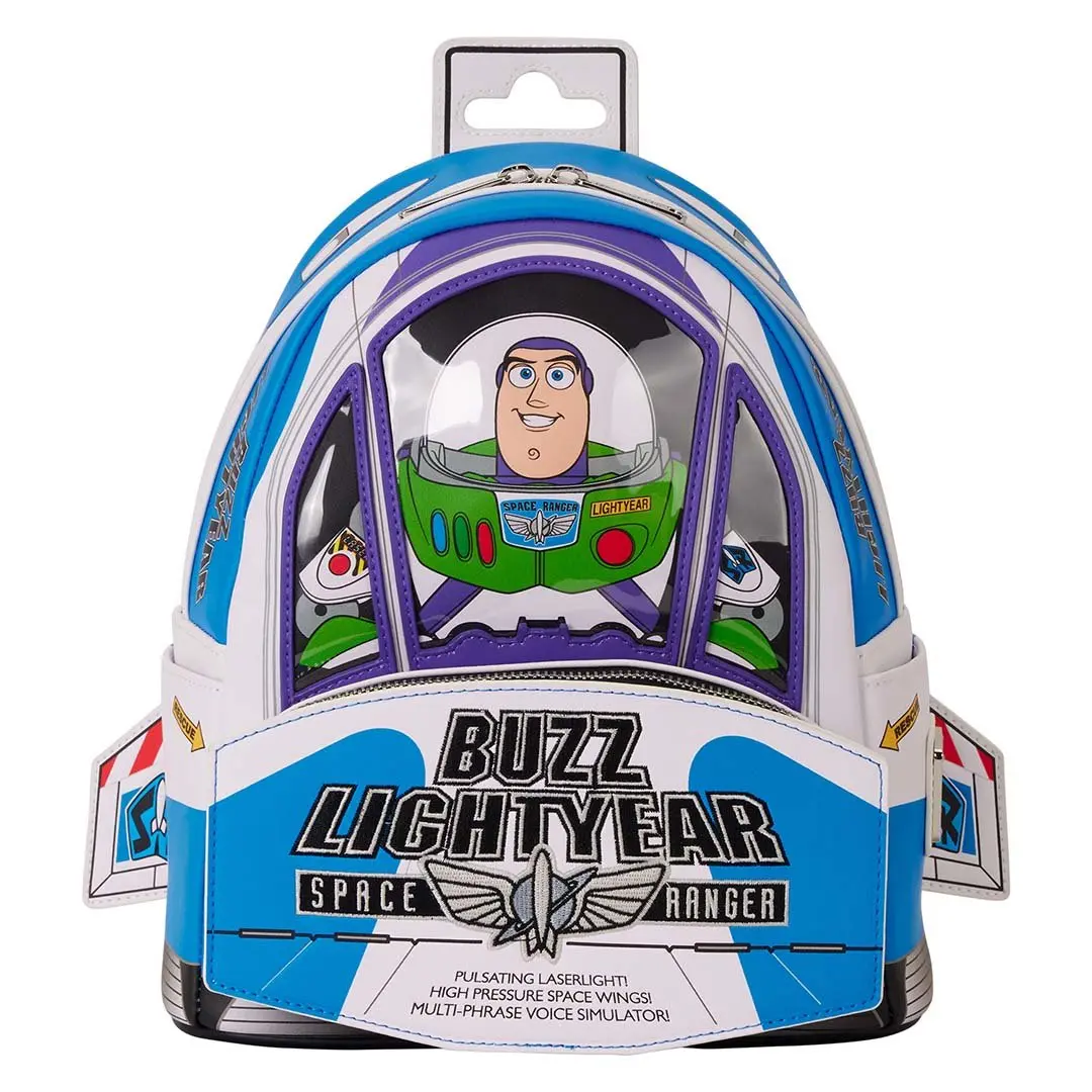 Loungefly Pixar Toy Story 30th Anniversary Buzz Lightyear Spaceship Mini Backpack, Faux Leather Collectible with Glow, Sound & Adjustable Shoulder Strap, Collectibles, Vegan Leather, Female, 9” W X 10.5” H X 4.5” D, Casual Wear, Adjustable Strap, Glowing,