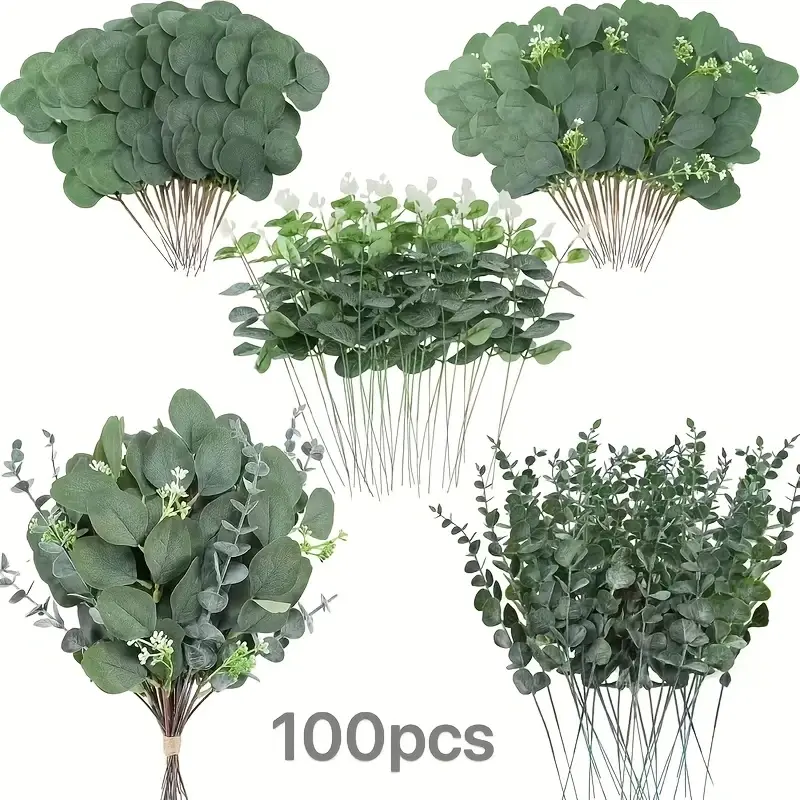 100 pieces outdoor artificial greenery, artificial eucalyptus leaves, mixed greenery set, suitable for wedding bouquets and floral arrangements, plastic greenery twigs, no containers — ideal for spring/summer and Valentine’s Day decor