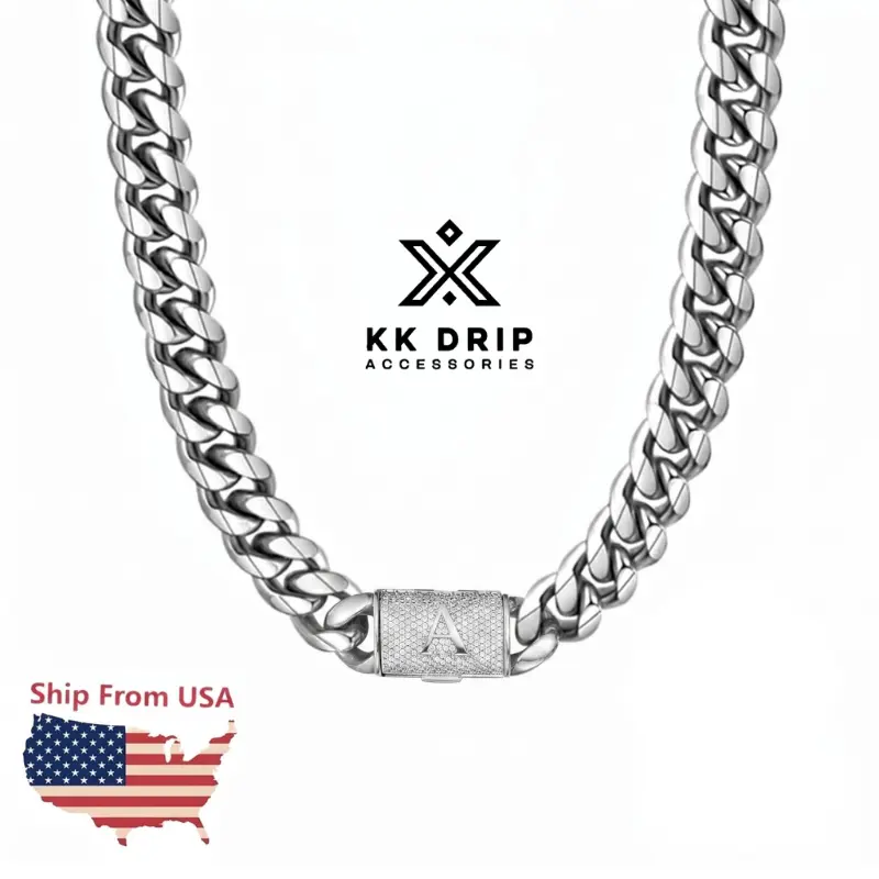8mm Chunky Silver Cuban Link Initial Necklace with Diamond-Cut Letters, Non-Tarnish Stainless Steel Chain, Initial Clasp, Hip Hop Bling Stainless Steel Jewelry, Multi-Size (20/24/30in) for Daily/Party Wear – Valentine's Day Unique Gift for Men