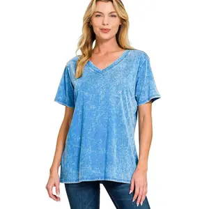 Zenana Acid Washed Short Sleeve V-Neck Tee