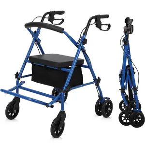 2-in-1 Rollator Walker-Transport Chair Equipment, Narrow Foldable Aluminum Adult Walker with 6” All-Terrain Wheels, Seat, Backrest & Basket for Seniors
