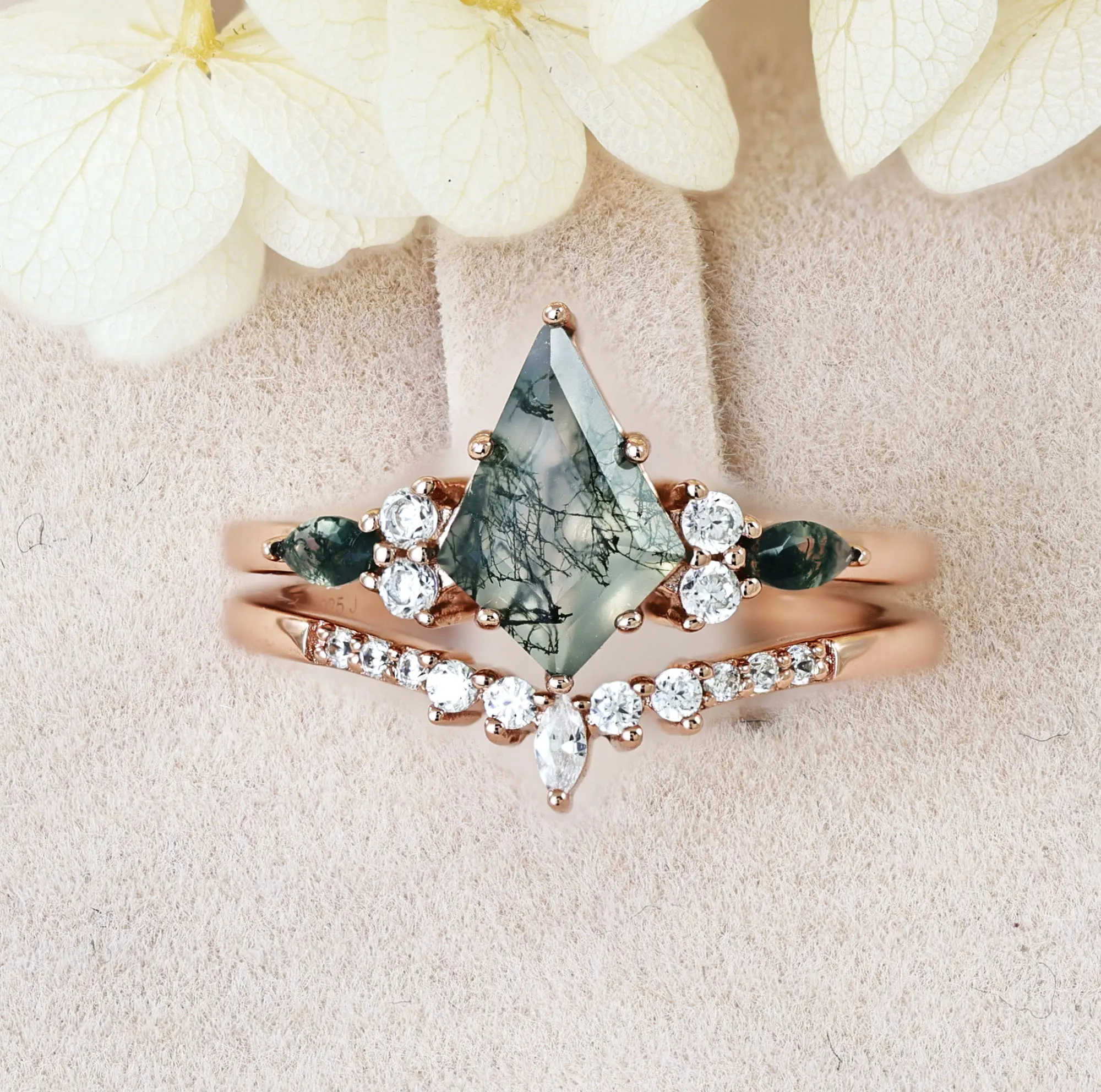 Janefashions Moss Agate Kite Cut Engagement Ring Wedding Band Bridal Ring Set Rose Gold Plate Sterling Silver R64