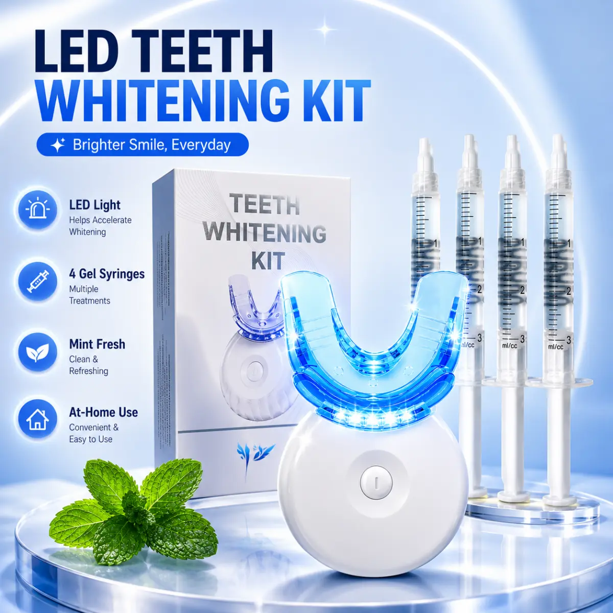 10-Minute LED Teeth Whitening Kit for Sensitive Teeth, 3-Week At-Home Brightening Treatment with 4 Gel Syringes and Shade Guide, Brightens, purple teeth whitening,whitening strips teeth,teeth whitening products,teeth strips whitening