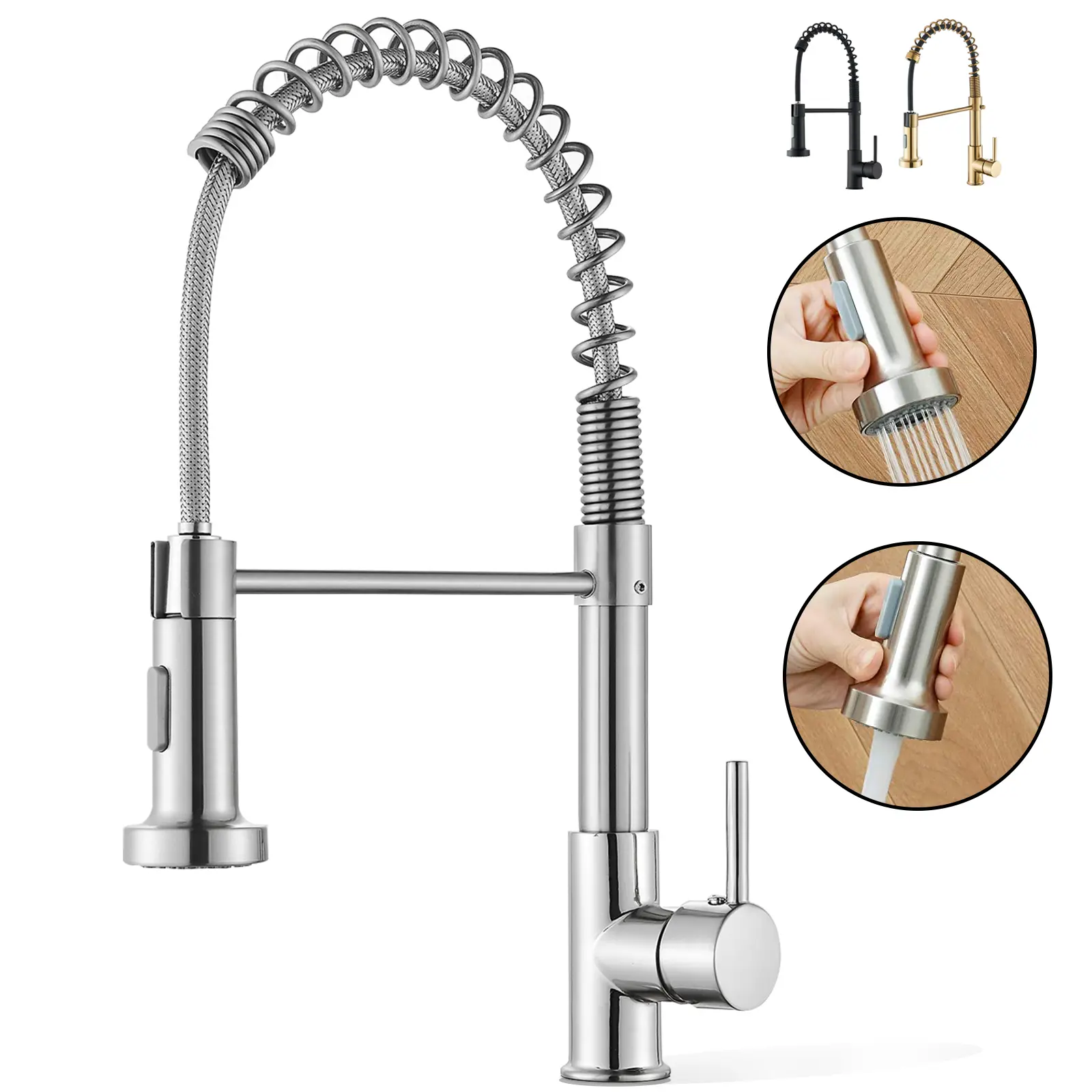 Modern Spring Kitchen Faucet with Pull Down Sprayer, Single Handle Kitchen Sink Faucet Brushed Nickel Stainless Steel High Arc Pull Out Single Hole Kitchen Faucets for Pot Filler, Farmhouse RV Bar Laundry