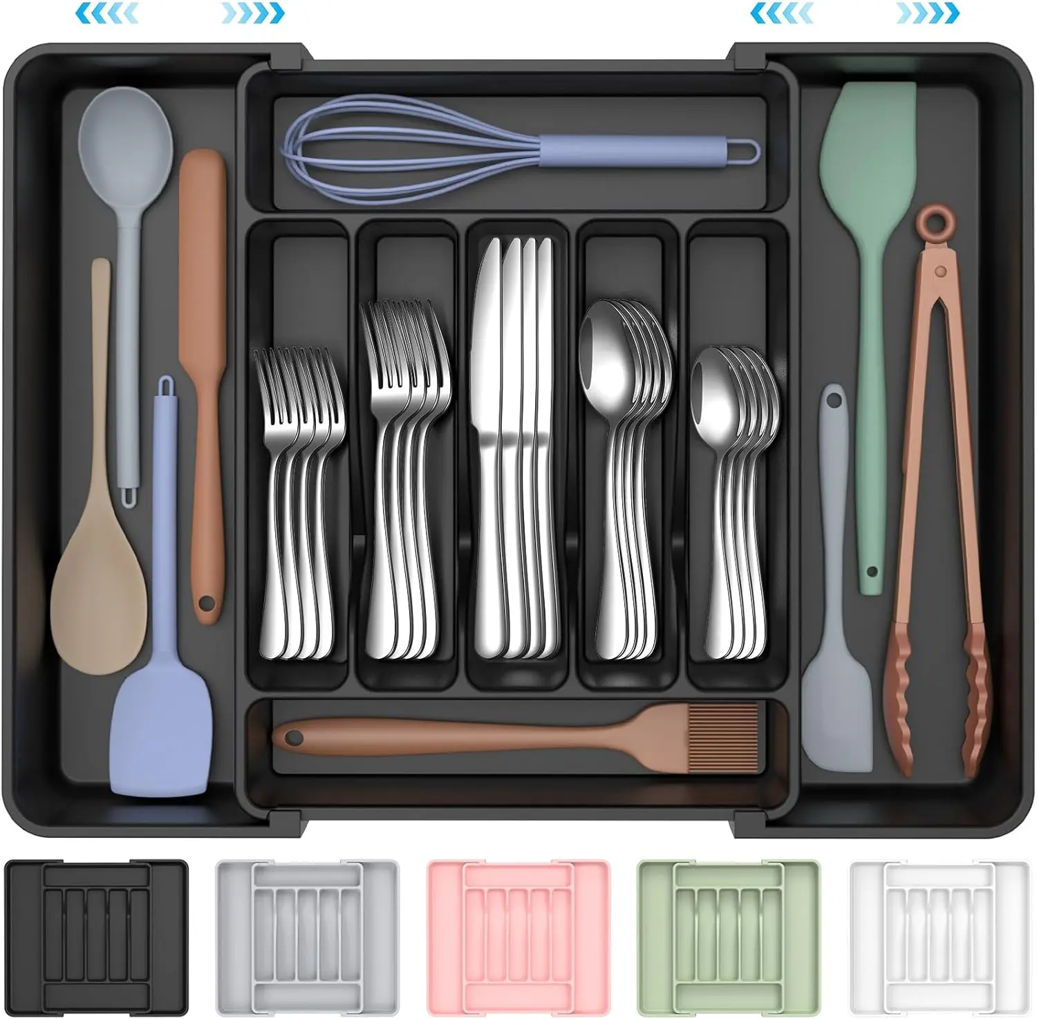 Extra Large Expandable Silverware Organizer, BPA-Free Food-Safe Cutlery Flatware Organizer,  Adjustable Silverware Holder for Spoons Forks Knives, Black