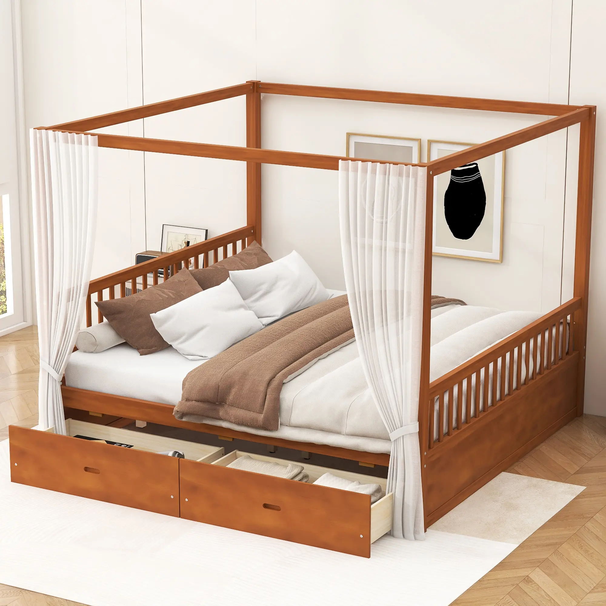 Queen Sized Wooden Canopy Bed with Storage Drawers - Solid Wood Platform Bed Frame with Slats, Modern Farmhouse Walnut Bedframe, 140lbs Drawer Capacity, 650 lbs Weight Limit, 80.3''L x 62.6''W x 68.9''H, Assembly Required