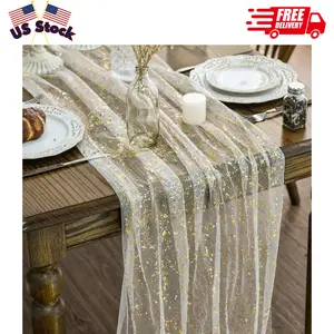 Beige Gold Gauze Table Runner 120 Inch 10 FT, Glitter Metallic Foil Sheer